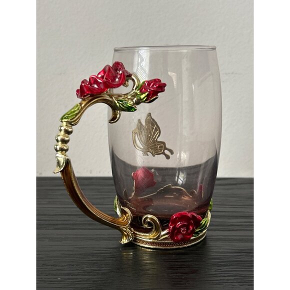 ARC of France Glass Mug Matching Spoon Butterfly & Flower Jeweled/Enamel Accents - Picture 5 of 9